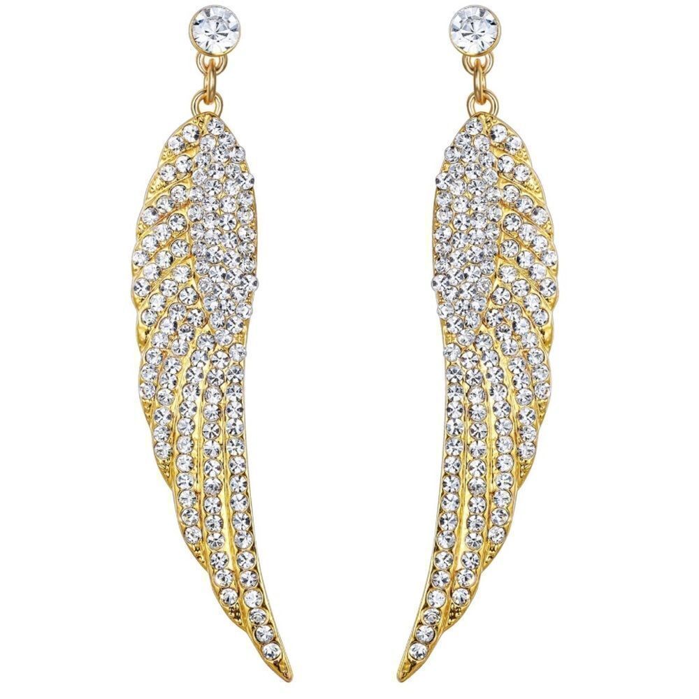 Yellow Gold with White Diamond Austrian Crystal Angel Wing Drop Post Earrings